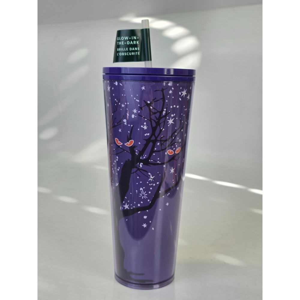 Starbucks Glow in the Dark Purple Halloween Bat Eyes Tree Cold Cup Tumbler 24 oz